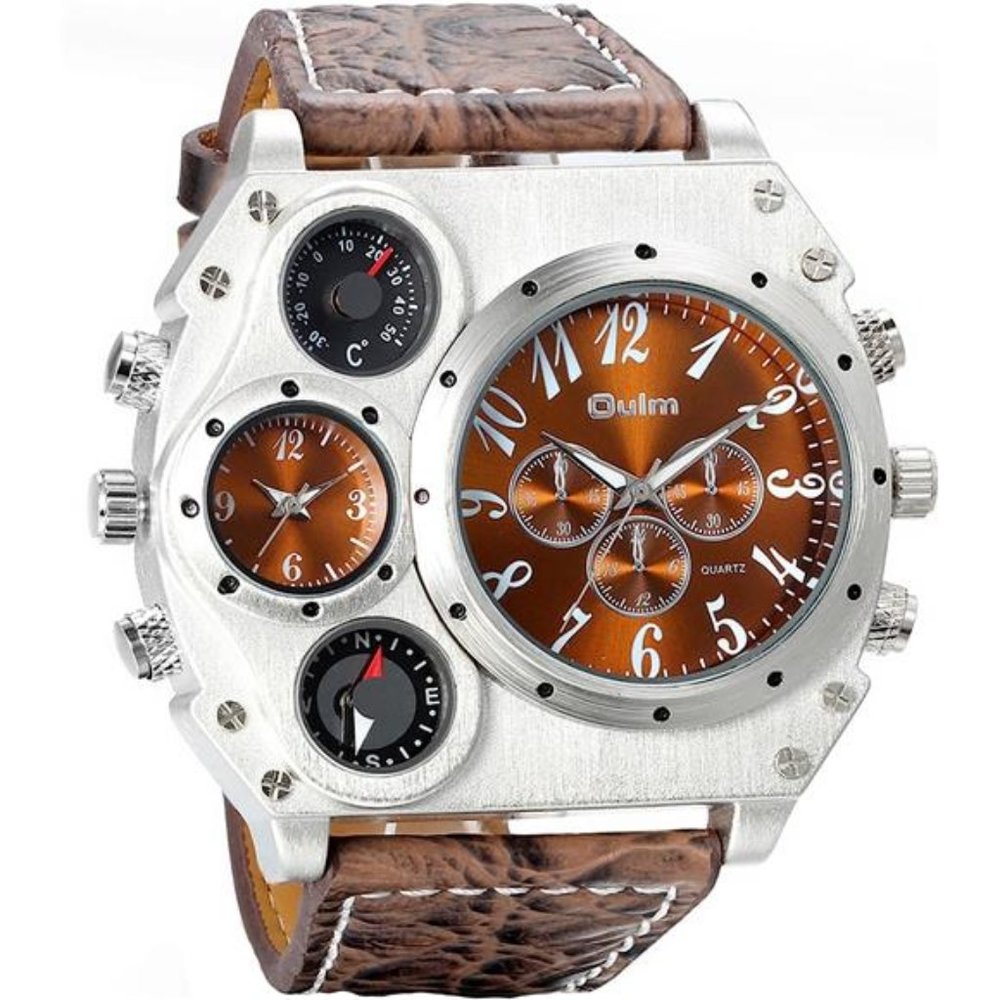 Mens Big Face Watch, Dual Time Zone Leather Strap Sport Watch, Analog Quartz